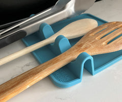 Silicone Utensil Rest by Kasian House - Extra Large Kitchen Spoon Rest with Drip Pad (Blue)