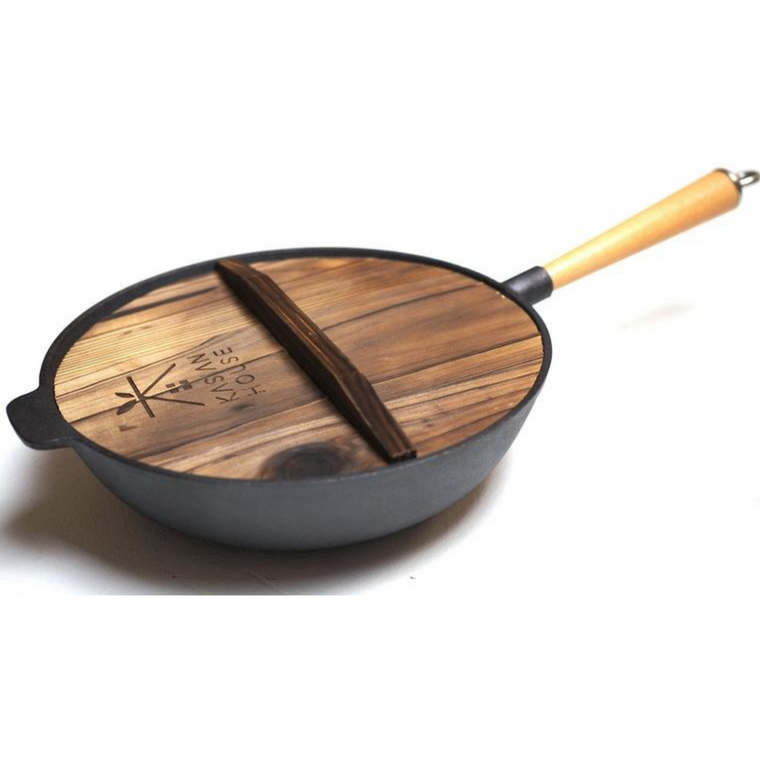 Kasian House Cast Iron Wok with Wooden Handle and Lid, Pre-Seasoned, 12