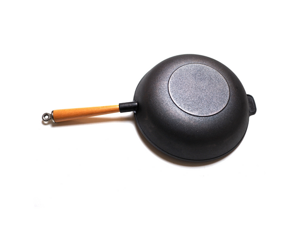 Kasian House Cast Iron Wok with Wooden Handle and Lid, Pre-Seasoned, 12" Diameter with Flat Bottom