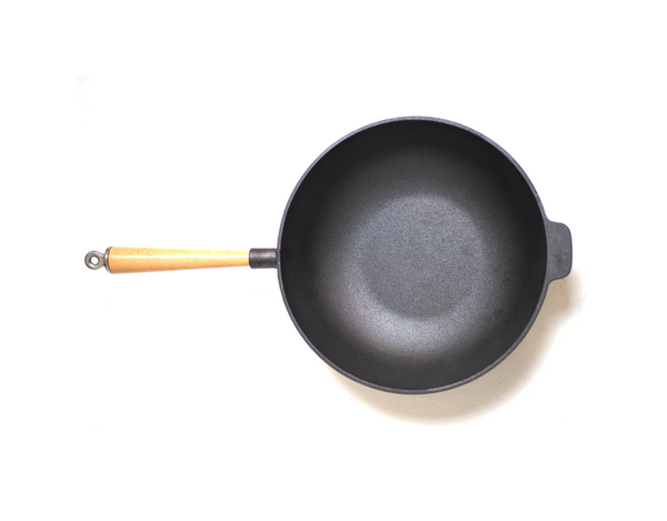 Kasian House Cast Iron Wok with Wooden Handle and Lid, Pre-Seasoned, 12" Diameter with Flat Bottom