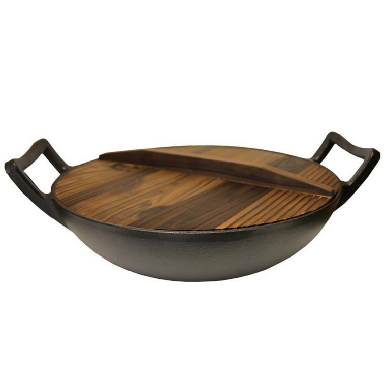 Kasian House Cast Iron Wok, Pre-Seasoned with Wooden Lid 12