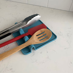 Silicone Utensil Rest by Kasian House - Extra Large Kitchen Spoon Rest with Drip Pad (Blue)