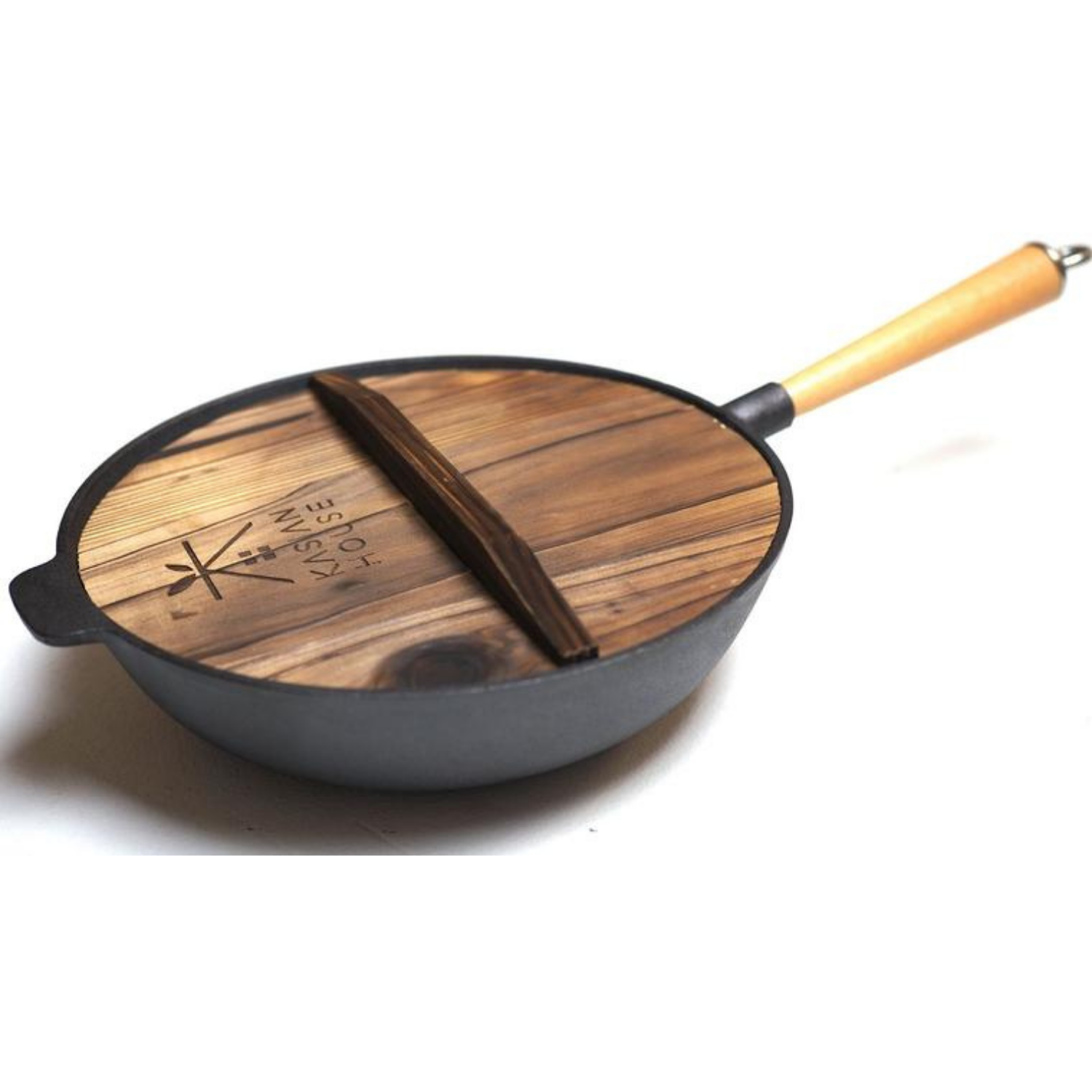 Kasian House Cast Iron Wok with Wooden Handle and Lid, Pre-Seasoned, 1